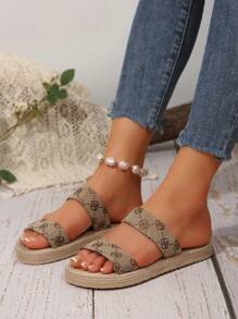 Plus Size Women's Vintage Floral Flat Strap Platform Sandals, Soft Outsole Beach Slippers, Niche Roman Style Sandals