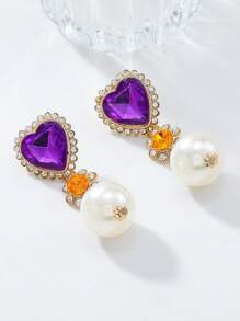 Pendientes de aro con forma de corazón con Rhinestones y perlas falsas, un accesorio de lujo elegante para mujer. Pendientes de Charm francés, accesorios de fiesta y diarios para damas, joyería de moda, regalos para mejores amigas