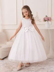 青少年女孩白色薄纱婚礼选美伴娘派对礼服 - 白色 - 查看 4