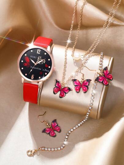 SOKI 一套女士红色石英手表，配PU皮表带，搭配时尚蝴蝶项链、耳环和戒指，适合女性在派对、母亲节、生日等场合佩戴，或作为礼物送给姐妹，是送给女性的最佳礼物（不含礼盒）。