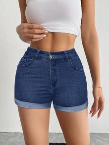Women's Stretchy Plain Black Color Denim Shorts, Fashionable Slim Fit High Waist Jean Shorts, Casual Street Style, Summer Essential - Dark Wash - View 8