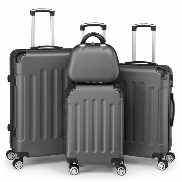 SUNROAD A Stylish Set Of ABS Suitcases With Vertical Stripes, Four-In-One Design With Handles And Universal Wheels. Available In 20in, 24in, 28in Sizes And 12in Carrying Case, Featuring ABS Aluminum Golden Pull Rods In A Fashionable Rose Gold Color Scheme
