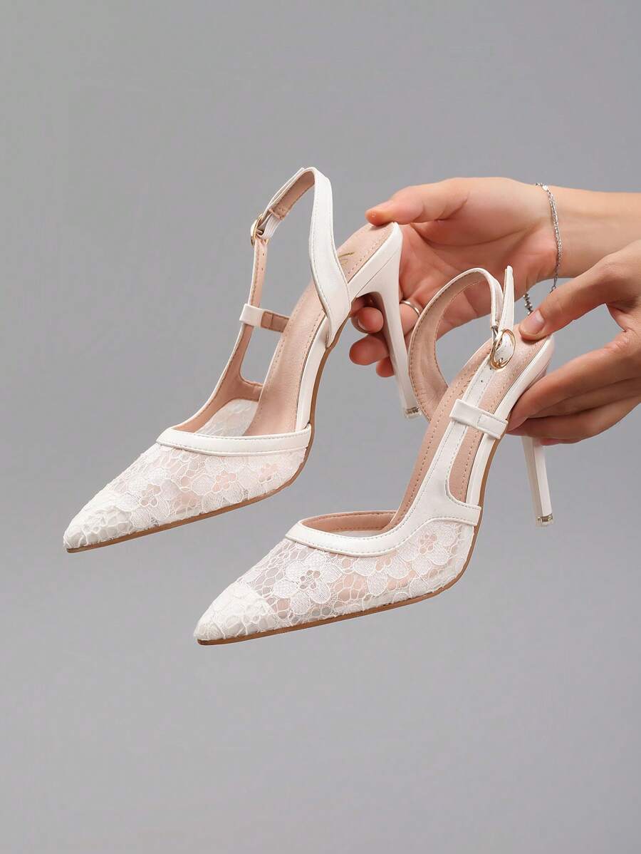 2025秋冬女士蕾丝拼接白色高跟鞋镂空透气性感尖头时尚宴会婚礼细高跟凉鞋，优雅，女士高跟鞋，高贵典雅