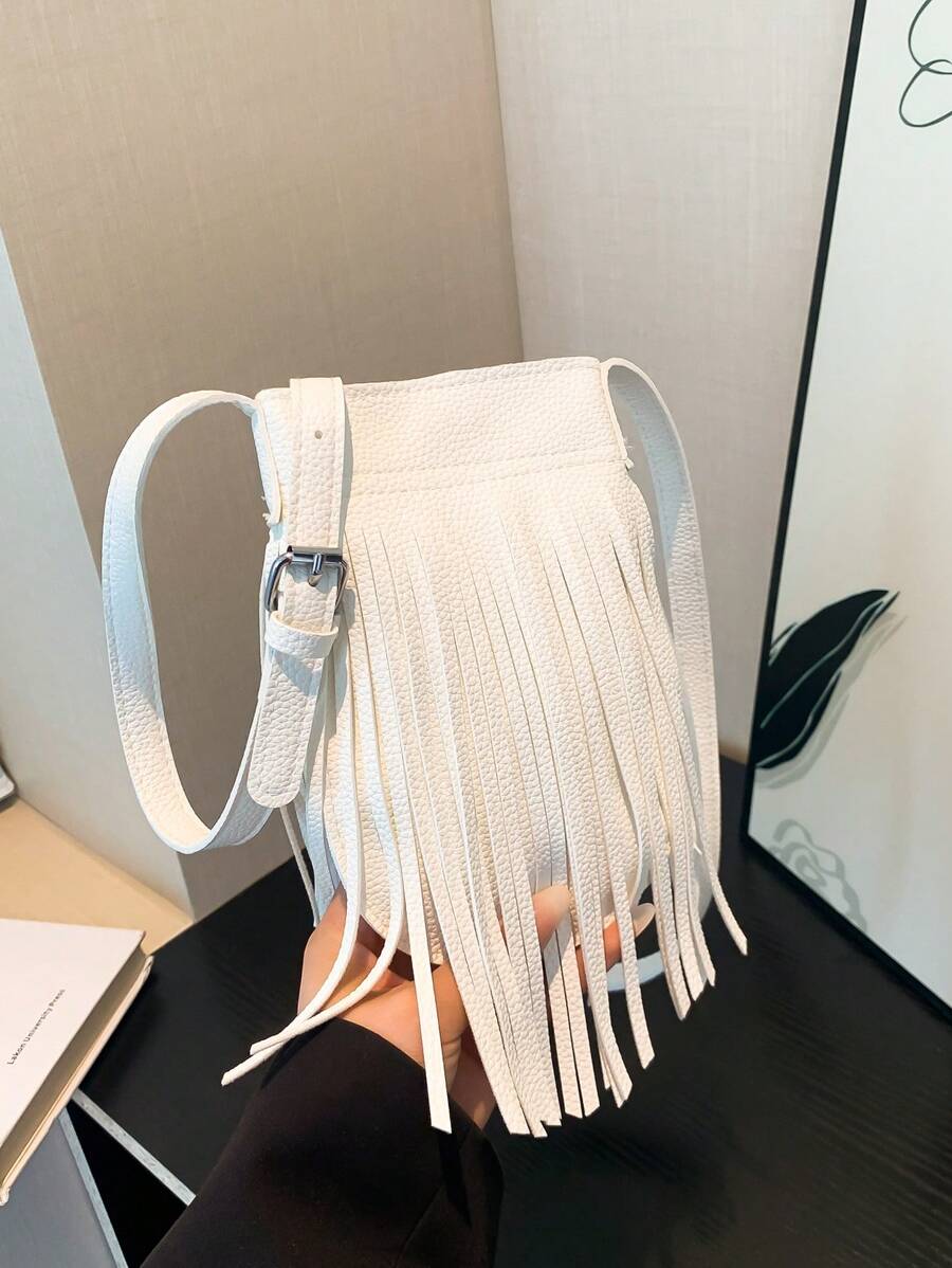 Mini Fashionable Casual Minimalist Large Capacity Fringe Decor Bucket Shoulder Bag - White - View 1