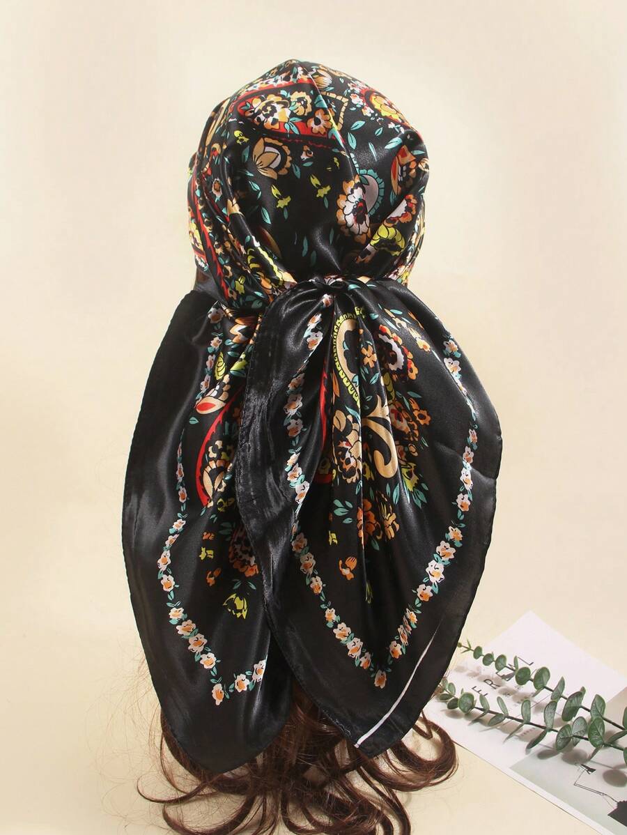 1pc New Bandana Printed 90cm Silk-Like Square Scarf/Headband, Suitable For Women Everyday Use, All Season For Dress - Black Paisley - View 1
