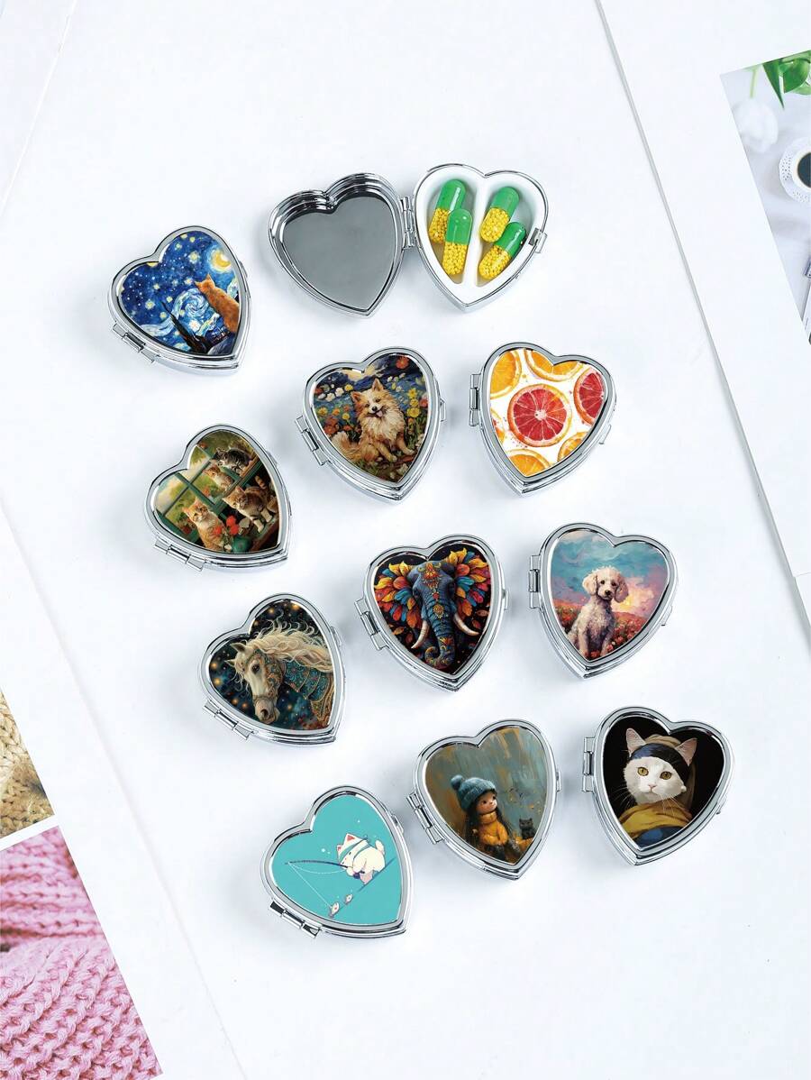 1pc Heart-Shaped Pattern Printed, 2 Compartment Mini Portable Pill Case, Metal Jewelry Box, Multi-Function Divided Storage Box For Vitamins, Earrings, Small Items, Suitable For Home, Office, Travel - Multicolor - View 1
