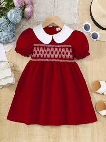 Vestido de verano para niñas, vestido de princesa elegante con cuello Peter Pan, manga abullonada, empalme y estilo smock para niñas de 4 a 7 años, vestido casual de media manga con botones para uso diario