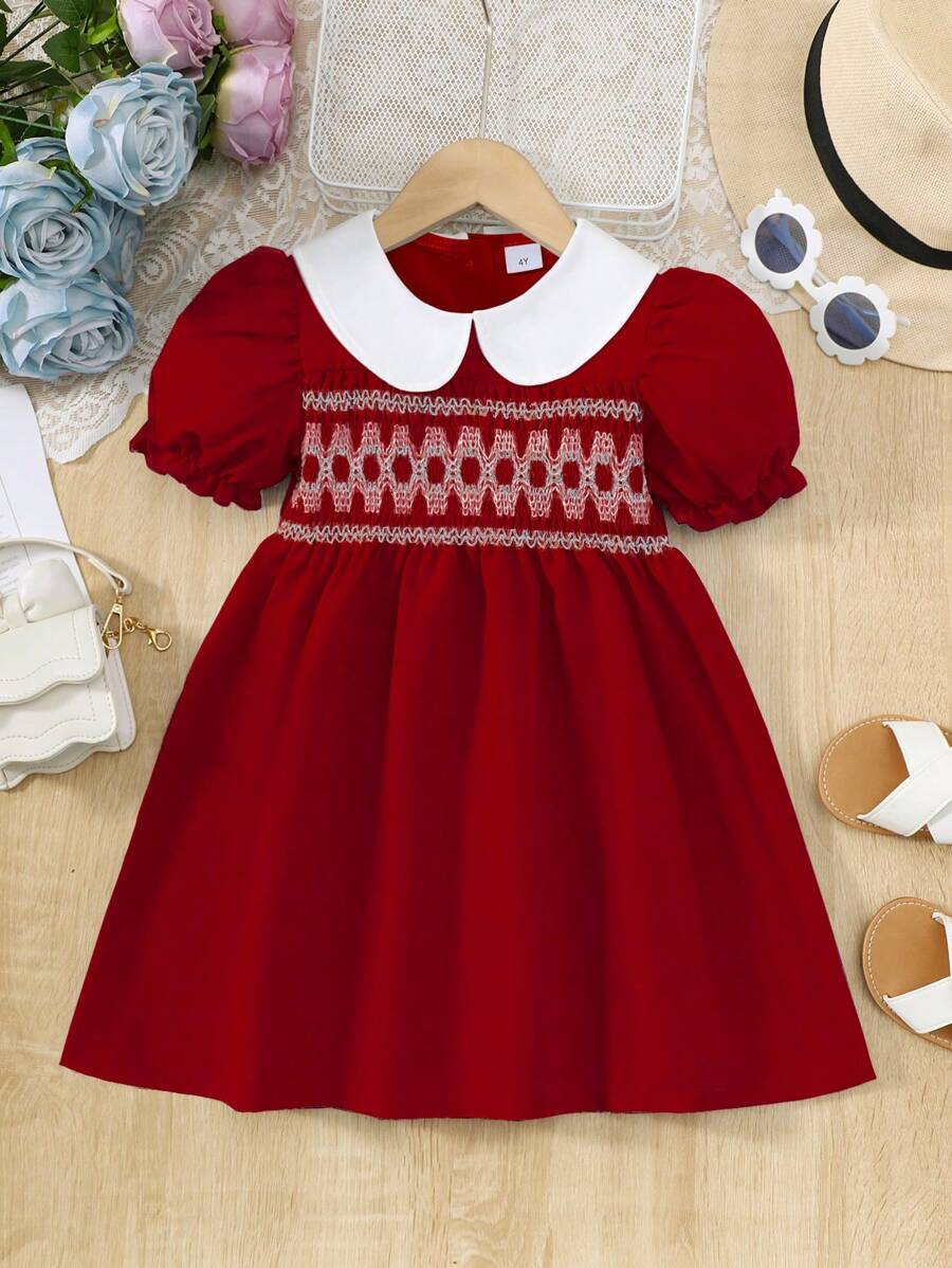 Vestido de verano para niñas, vestido de princesa elegante con cuello Peter Pan, manga abullonada, empalme y estilo smock para niñas de 4 a 7 años, vestido casual de media manga con botones para uso diario