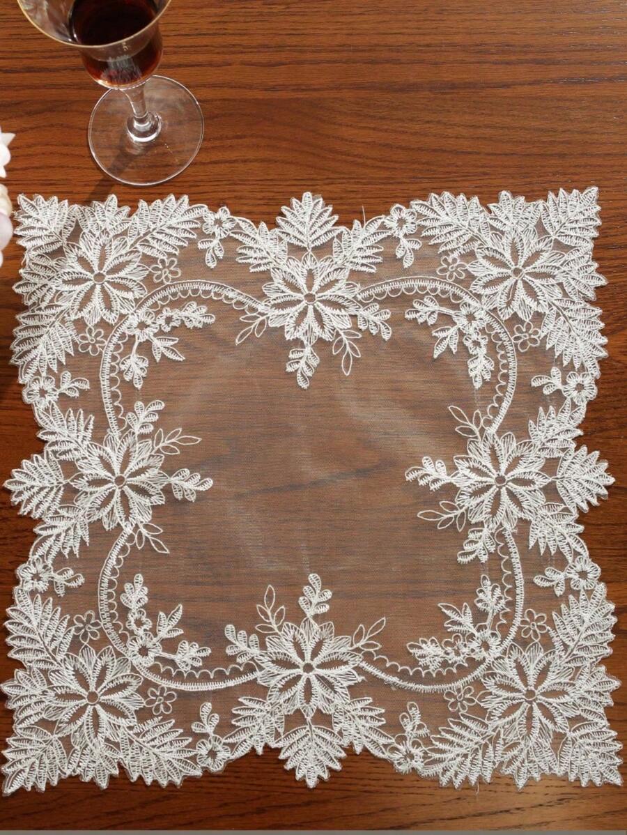 1pc Fashionable Mesh Fabric Elegant Embroidered Tabletop Runner, Suitable For Kitchen, Dining Table, Cabinet, Indoor/Outdoor Decoration, Holiday Party, Wedding, Birthday, Various Sizes Available - White - View 1