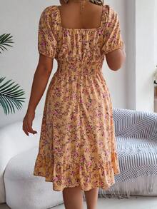 Đầm ngắn tay phồng họa tiết hoa nhí thắt dây dành cho nữ, thích hợp cho kỳ nghỉ hè, kiểu dáng thanh lịch. - Màu vàng - Xem 2