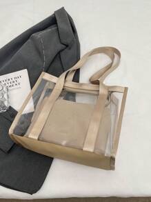 1 件 PVC 透明大容量单肩手提包，女士日常使用果冻沙滩包，带丝带可拆卸内袋，适合旅行、健身 - 卡其色 - 查看 5