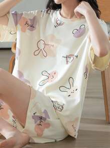 AICJ Cute Bunny And Color Block Print Pajama Set, Casual Short Sleeve Crew Neck T-Shirt And Pocket Shorts, Women's Pajama Loungewear Set 2 Pieces, Two Pieces Set - Multicolor - View 4