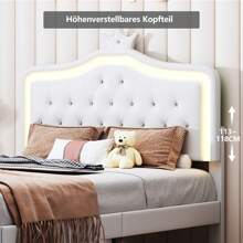 Creahappy Lit rembourré - double - avec éclairage LED - 2 tiroirs et tête de lit réglable - Cadre de lit avec lattes en bois - Convient aux lits adultes et adolescents - Blanc - 140x200 cm