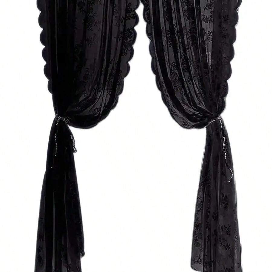 Panel de cortina de bolsillo con barra transparente de encaje floral NEGRO - Negro - Ver 1