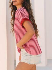 CILKOO Batwing Sleeve Striped Knitted Round Neck T-Shirt For Summer