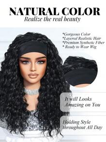 Natural And Realistic High Quality Women's Chemical Fiber Hairband Wig Black 20-Inch Long Curly Hair Hairband Wig Synthetic Heat Resistant Fiber Material Suitable For Holiday Travel Family Party Role Play Daily Wear - Black - View 3