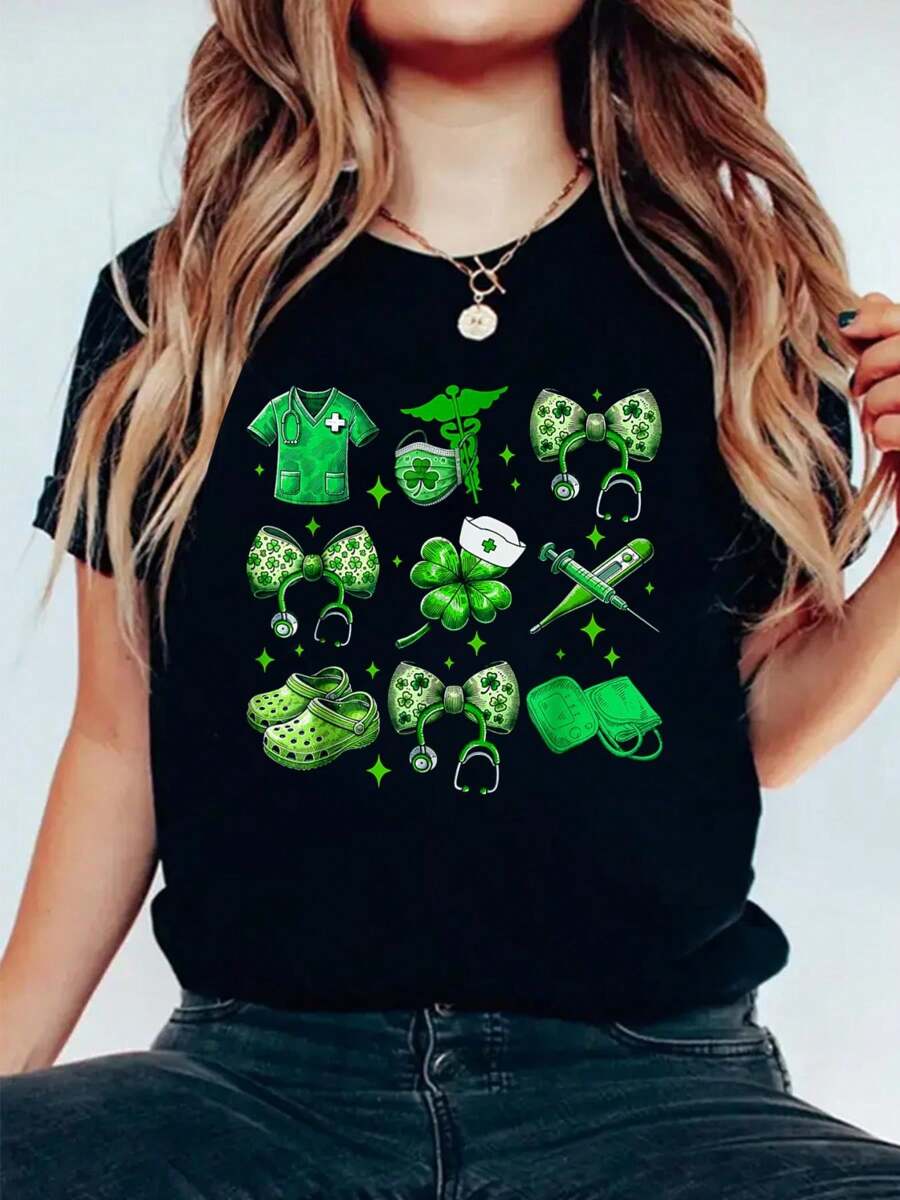Nurse St Patrick's Day Lucky Nurse Shamrock Love Nurse Life T-Shirt Print Cotton T-Shirt For Summer, Women's Soft Short Sleeve Top, Stylish Comfy Tee For Women Graphic Tees