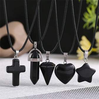 1/5 st Svart Obsidian Hjärtformad Halsband i Kristallglas, Med Cross & Hexagon Quartz Stones Berlocker, Justerbart lädersnöre Halsband, Unisex modepresent Lämplig för semester Gör-det-själv smycken