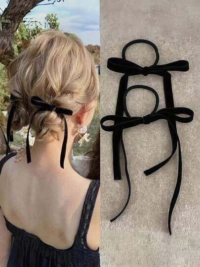 2pcs Women Solid Color Bow Ribbon Velvet Hair Tie, Elegant And Simple Vintage Hairstyle Accessories Suitable For Daily Wear Ponytail Holders Hair Elastics Hair Rubber Bands Scrunchies Hair Rope Elastic Hair Tie, Hair Bobbles ,Gifts