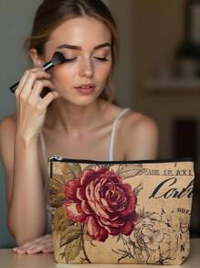 1 件复古花卉亚麻印花化妆包，可爱旅行化妆包和多功能零钱包，女性必备轻便礼物