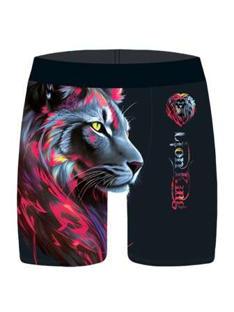 1 Piece Of Men's Domineering Lion Pattern Casual Flat Corner Men's Underwear, Knitted Fabric, Elastic Waistband, Polyester Spandex Blend, Breathable And Comfortable Square Corner Underwear, Suitable For Everyone