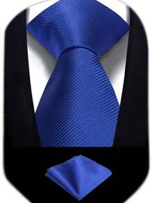 Men's Navy Blue 3.1in Tie And Pocket Square Set, Solid Color Business/Wedding Tie & Handkerchief Combo - Royal Blue - View 1