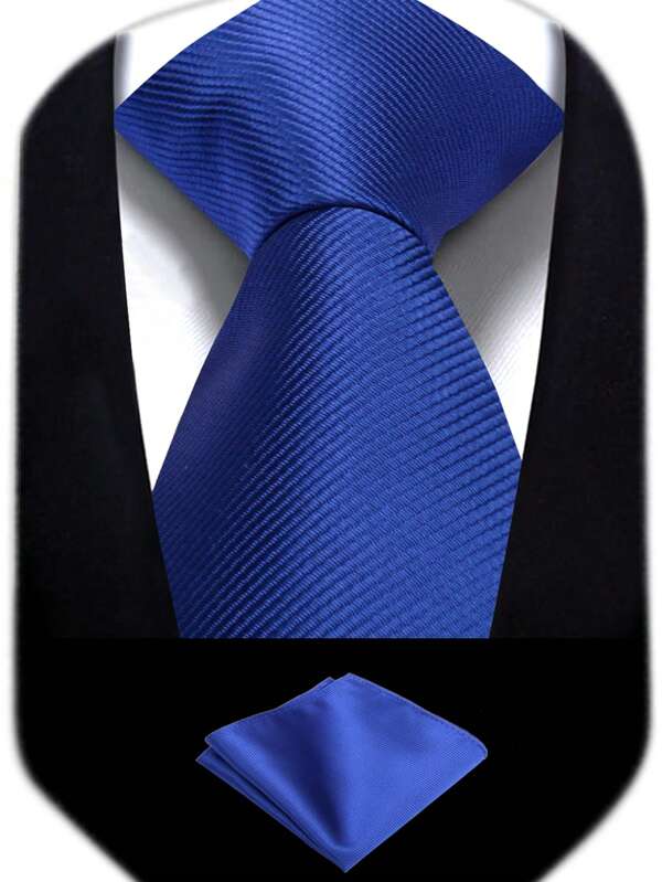 Men's Navy Blue 3.1in Tie And Pocket Square Set, Solid Color Business/Wedding Tie & Handkerchief Combo