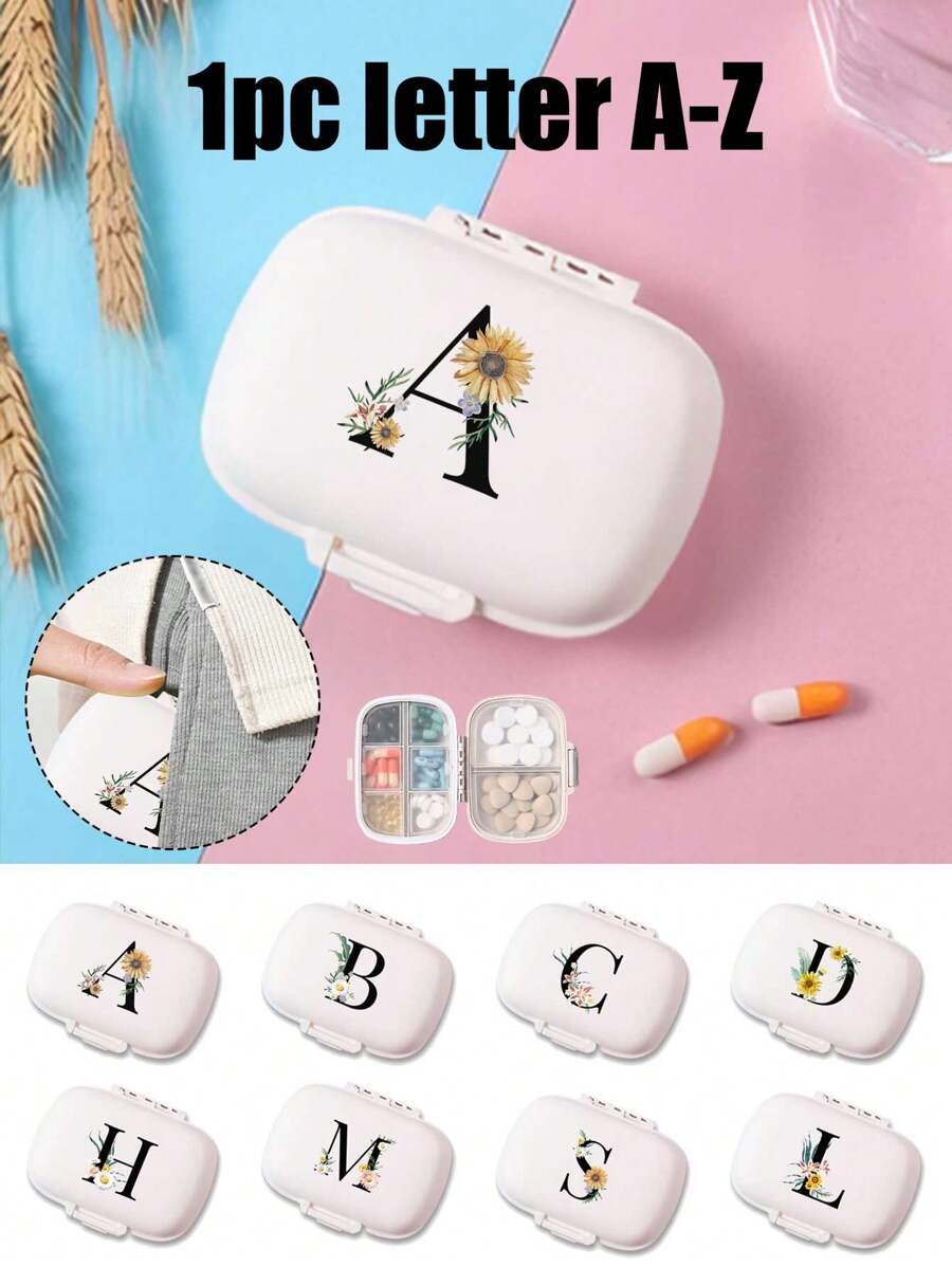 便携式 8 格密封药盒防尘防潮药品储存盒，每周 7 天使用，黑色雏菊向日葵字母艺术字母设计，首字母旅行药丸收纳盒，8 隔层便携式 A-Z 字母药丸盒，每日药丸盒，用于存放维生素，口袋钱包药品收纳盒的小药丸容器，字母 ID 吊饰收纳盒