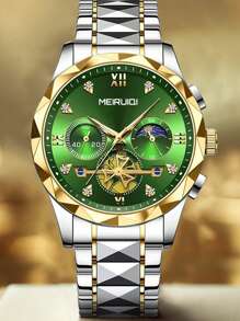 1 reloj de pulsera de cuarzo multifuncional con correa de acero en tono dorado para hombre, con diamantes luminosos, informal y de negocios