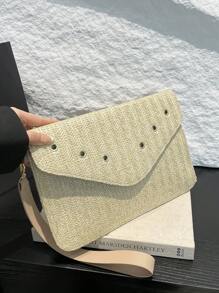 时尚草编手拿包信封包铆钉装饰金属流苏包休闲百搭女包翻盖女包户外沙滩包内衬包旅行配件包 - 卡其色 - 查看 10