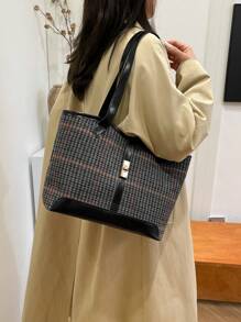 Contrast Binding Shoulder Tote Bag Casual Double Handle For Work School Bag For Graduate, Teen Girls, Freshman, Sophomore, Junior & Senior In College, University & High School, Perfect For Outdoors ,Travel & Back To School