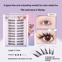 60 grupos/10 filas de pestañas postizas de conejo de nueve colas sin pegamento para gatos de cara grande, pestañas de zorro de nueve colas autoadhesivas y segmentadas, una herramienta de maquillaje indispensable para viajar