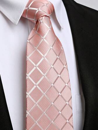 1 件男士 8 厘米腮红粉玫瑰金格子领带，时尚个性化，适合婚礼派对活动男士领带