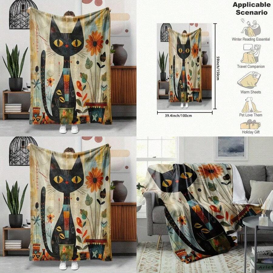 Vintage Mid-Century Modern Style Tow Blanket: Soft And Warm Perfect For Winter Reading Travel Or As A Pet's Cozy Bed. Hine Washable Durable And Features A Cute Black Cat Design With Geometric Patterns. Suitable For All Seasons And Ideal For Home Office Or Car Use. Made Of High-Quality Polyester Material. - 預設 - 查看 1