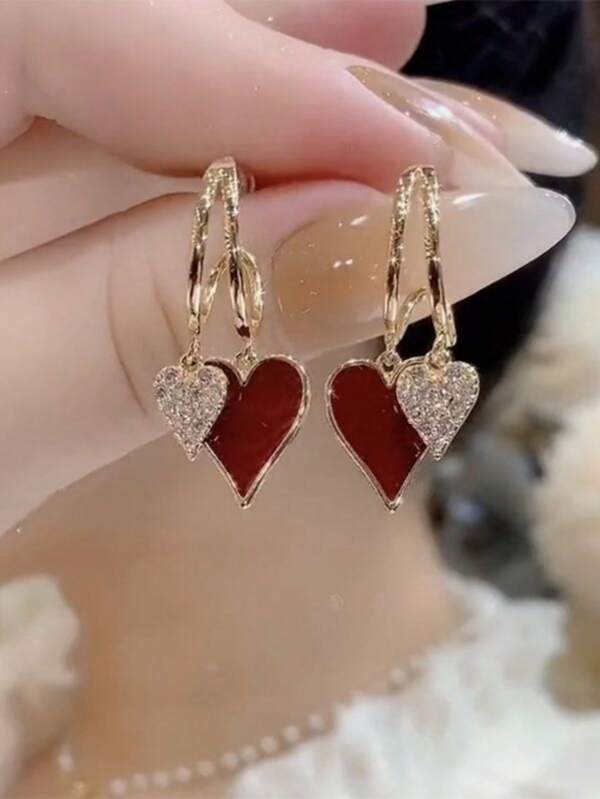 1 Pair Simple And Elegant Red Heart Shaped Earrings, Suitable For All Seasons
