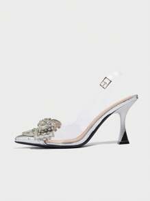 Zapatos de tacón alto con punta puntiaguda y lazo con strass para mujer, tacón cerrado sexy, zapatos formales cómodos para fiesta/boda/cita, adecuados para otoño/invierno, color plateado, elegantes, bombas de mujer, mule - Plateado - Ver 7