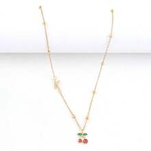 1pc New Cherry Letter Pendant Necklace, Stainless Steel Beaded Chain, Women - Gold Micro-painted - View 3