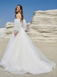 Tulle Wedding Dresses With Long Puffy Sleeves Lining Elegant High Slit Bridal Gown With Lace Lace Up Back With Train, For Bride - White - View 6