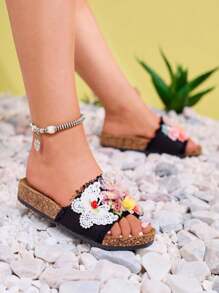 Women's Slippers With Fabric Flowers InOsosi- Footwear - Black - View 8