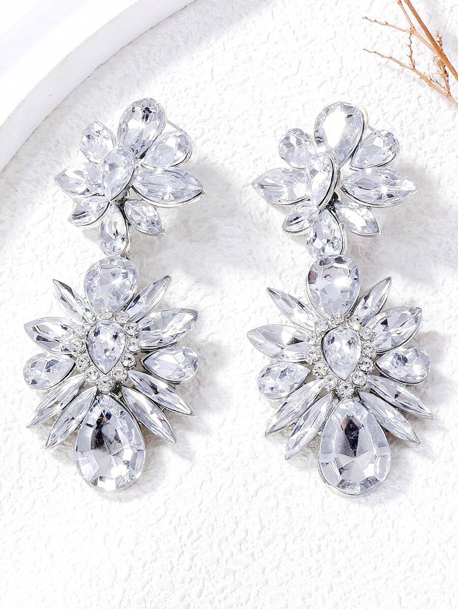 juran 1 对女式水钻花卉吊坠耳环，婚礼/约会/派对珠宝礼物 - 銀色 - 查看 1