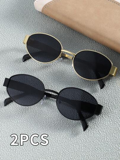 2 副女士金属框椭圆形时尚眼镜，适合夏季海滩度假、户外、旅行日常佩戴，时尚眼镜复古风格椭圆形镜框，适合外出装、返校