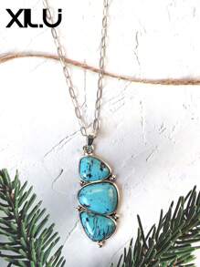 1 set de collar con colgante y aretes de estilo retro y país del oeste antiguo con diseño exagerado de color turquesa al estilo del Día de San Valentín para mujeres