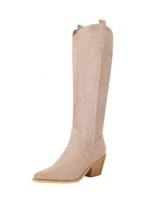 Reitoye Spring Summer Cowboy Boots For Women Embroidery Western Cowgirl Knee High Chunky Heel Boots With Pull-Up Tabs Prom Wedding Cowgirl Boot - 卡其色 - 查看 6