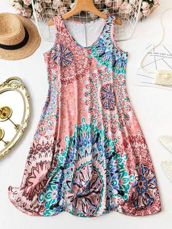 大码全印花连衣裙，夏季休闲 V 领无袖连衣裙，女士大码服装