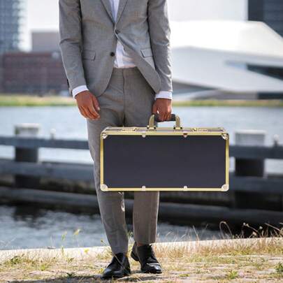 Portable Barber Stylist Carrying Case, Aluminum Organizer For Clippers, Trimmers & Tools, 3-Digit Security Lock, Durable & Stylish Design, Black With Gold Trim