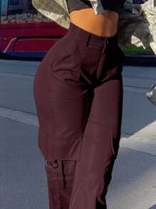 Women's Solid Color Cargo Pocket Straight Leg Loose Casual Versatile Pants - Red Violet - View 4