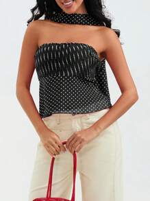 Women's Summer Slim Tube Tops Sleeveless Off Shoulder Halter Neck Dot Print Bandeau - Black - View 3