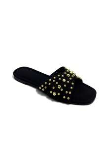 REVREAL Black Studded Slide Sandals Summer Sandals For Women - Black - View 5