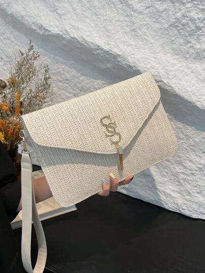 时尚草编手拿信封包，金属字母 S 装饰，金属流苏装饰，休闲百搭女士手提包，金属流苏装饰，翻盖女包，户外沙滩包，内衬袋，旅行配件