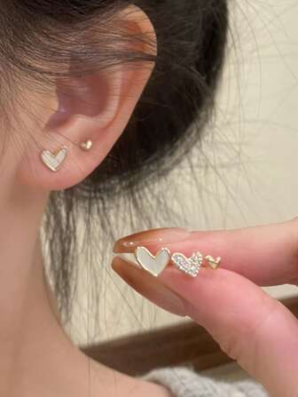 3 件/套时尚百搭心形耳钉可爱女孩甜美简约小耳环